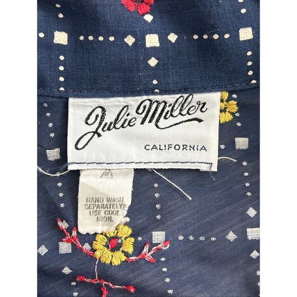 Vtg Womens JULIE MILLER California Blouse  Hand Embroidered Sheer Shirt Navy Sz6 - Picture 5 of 10